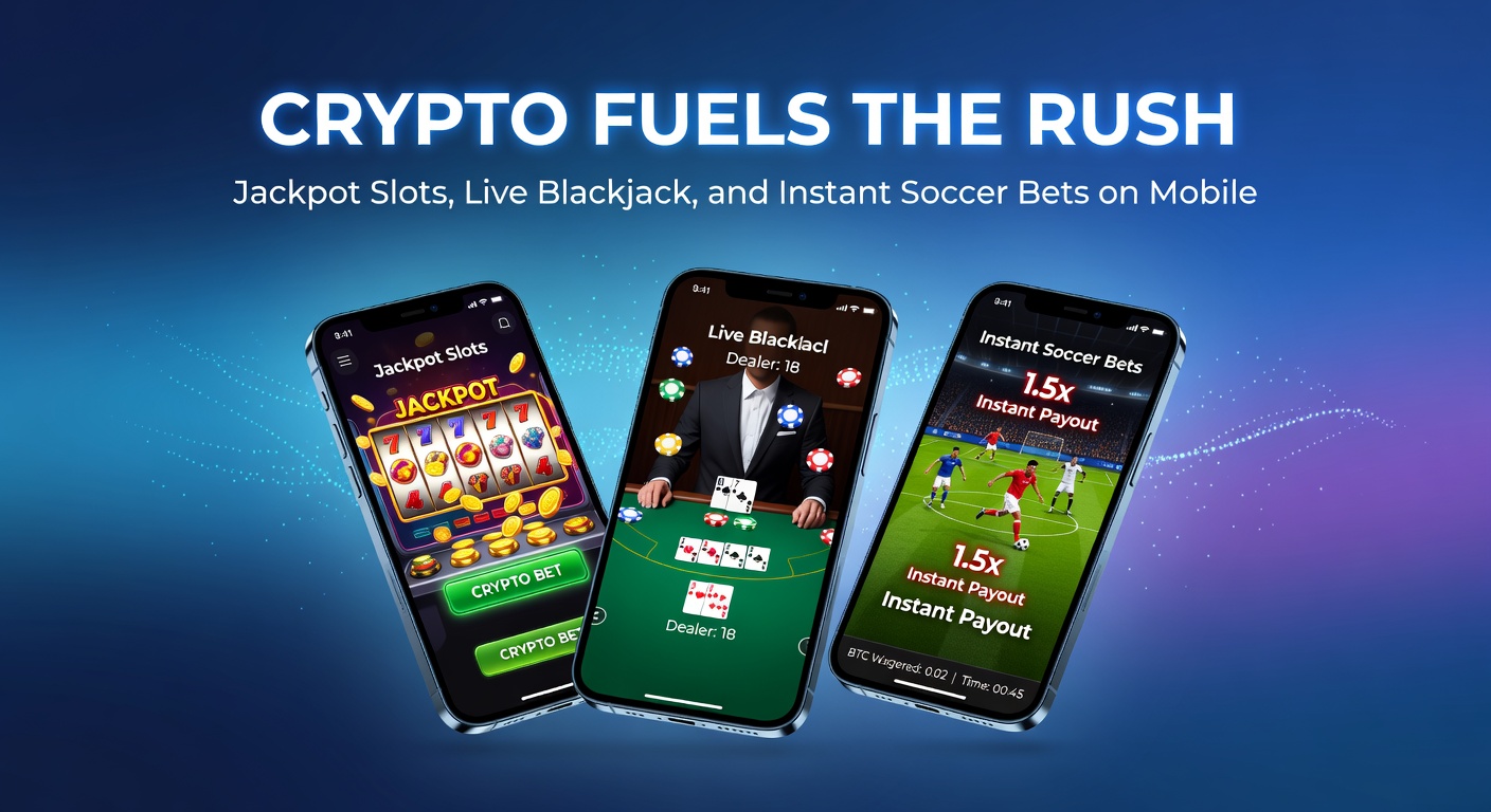 Smartphone zeigt mobile Casino-App mit Krypto-Zahlungen, Jackpot-Slots und Live-Blackjack-Tisch im Hintergrund