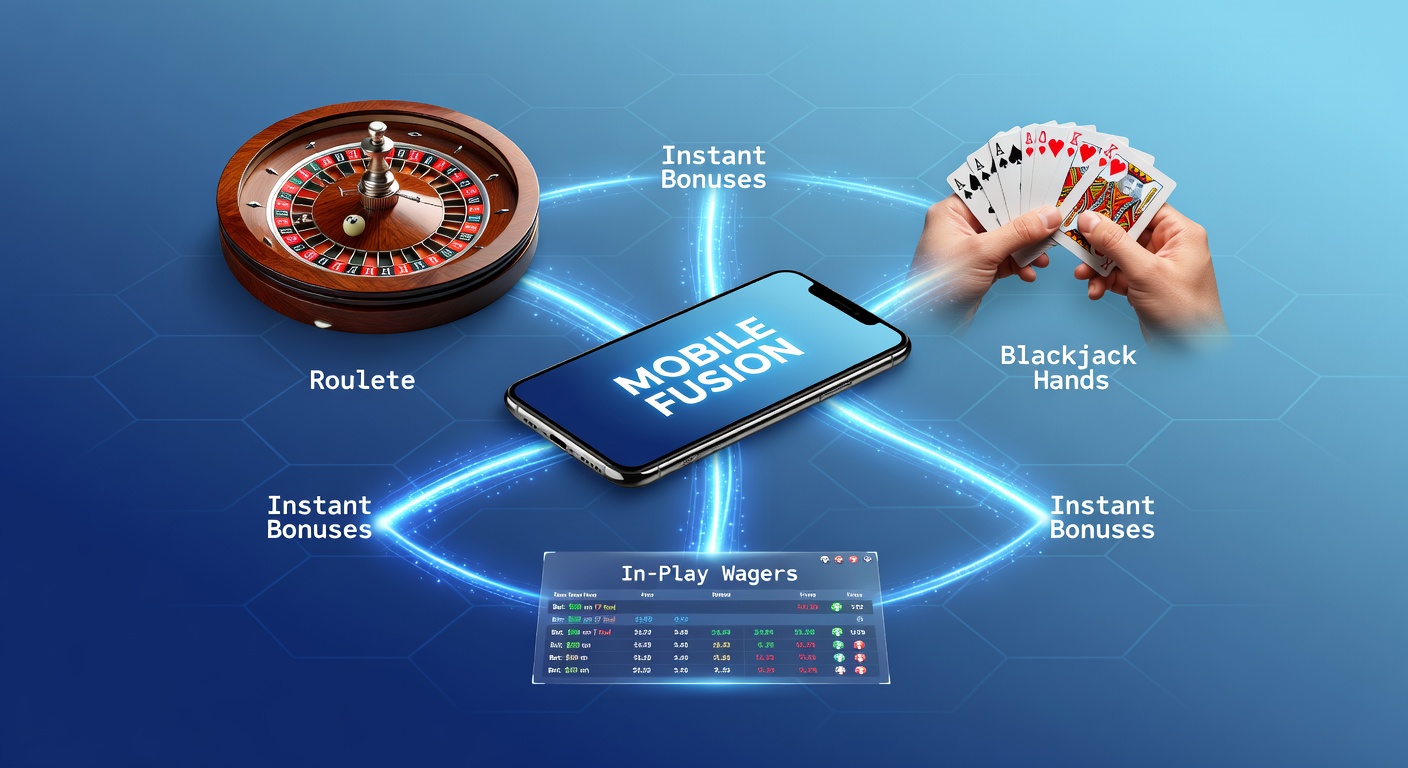 Smartphone-Bildschirm zeigt Roulette-Rad, Blackjack-Tisch und Live-Fußballwette mit Bonus-Pop-up, alles in nahtloser mobiler Fusion