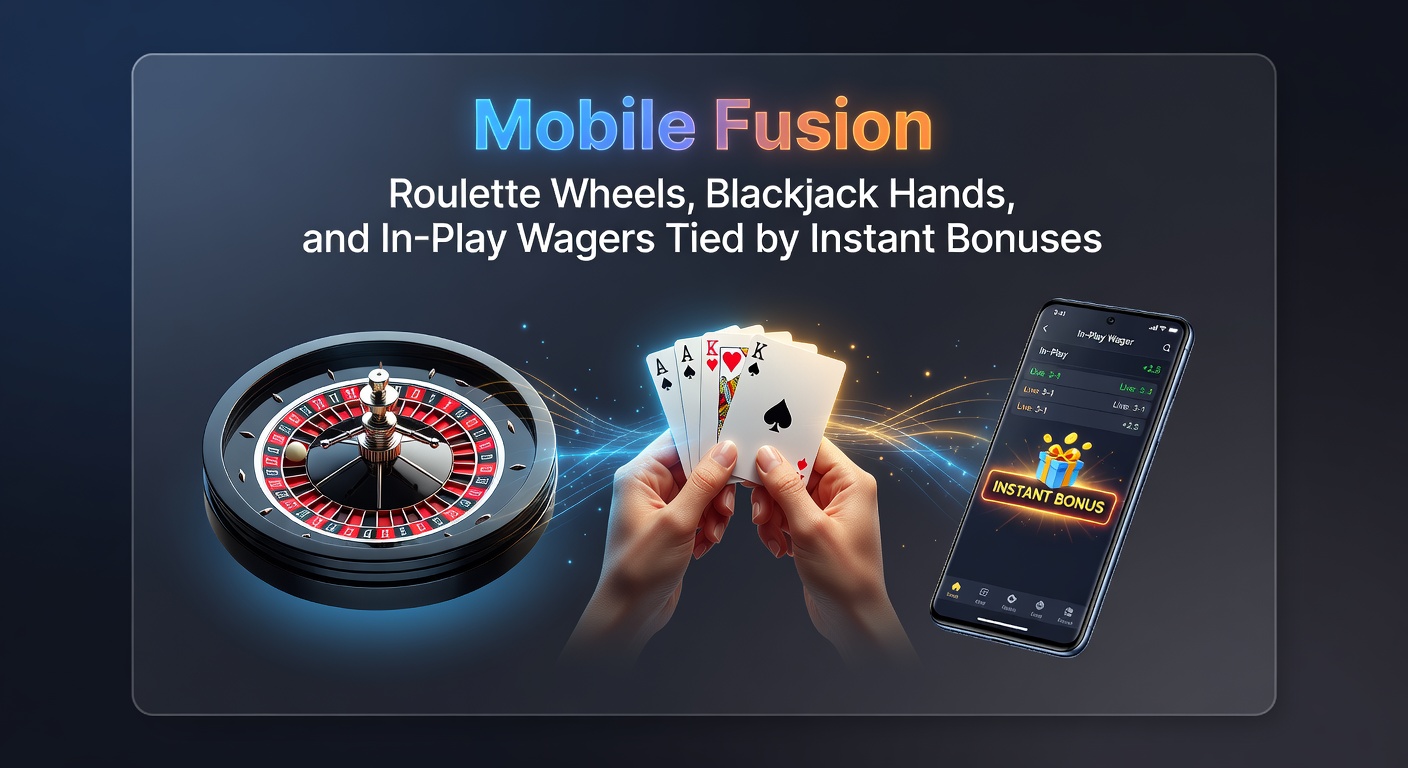 Nahaufnahme einer Blackjack-Hand auf Mobile mit Instant-Bonus-Overlay und In-Play-Wett-Option im Hintergrund