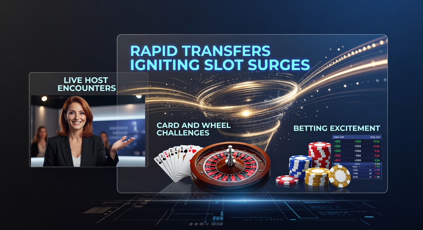 Dynamisches Bild von schnellen Überweisungen, die Slot-Maschinen, Live-Dealer-Tische und Wettoptionen zum Leuchten bringen, mit grafischen Elementen von Münzen und Adrenalin
