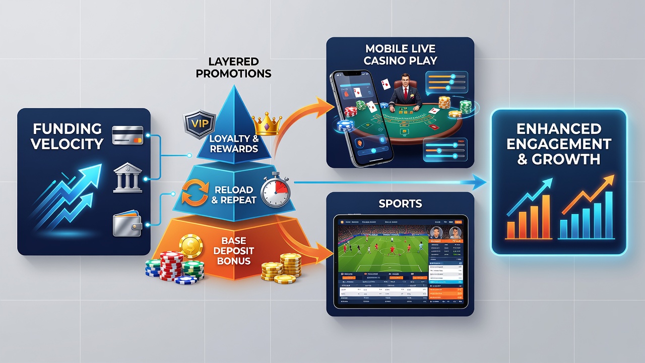 Darstellung von gestaffelten Bonus-Ketten mit schnellen Transaktionen in mobilen Live-Casino- und Sportwetten-Umgebungen